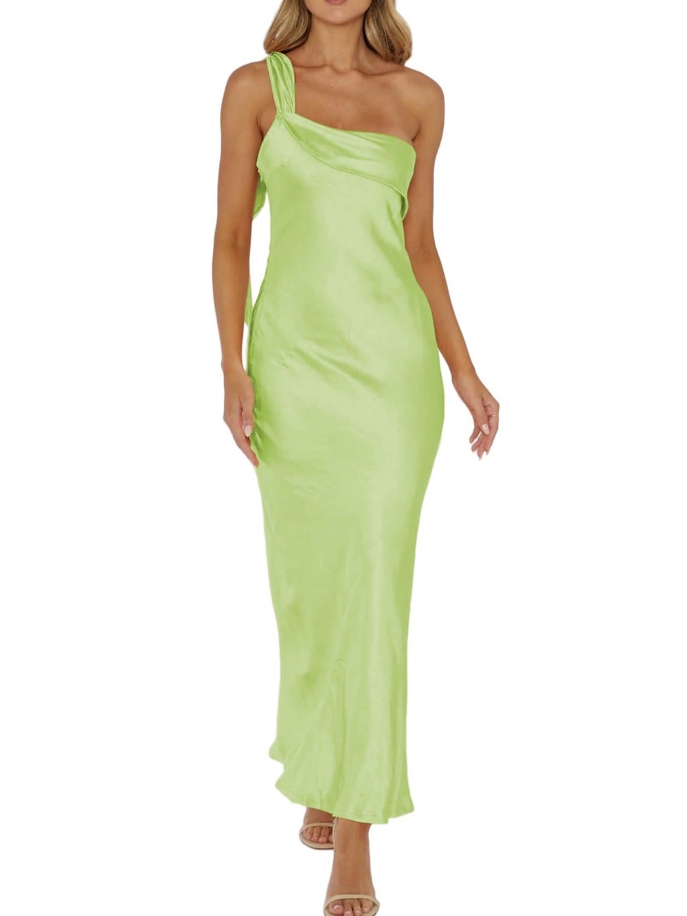 One-Shoulder Lime Green Satin Evening Dress